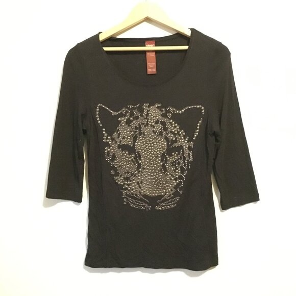 Olsen Europe Metal Studded Big Cat Head Black Shirt - Picture 3 of 15